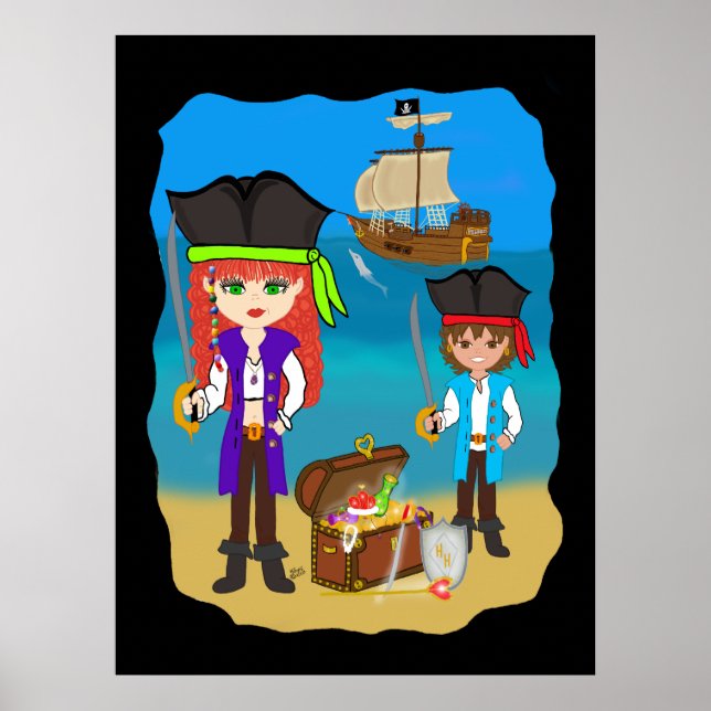 Póster Chicas y niños piratas con barco en Poster de play (Frente)