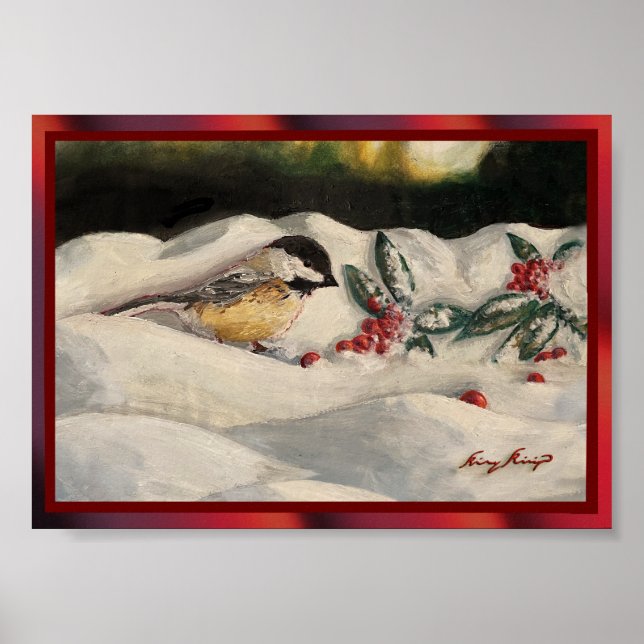 Póster Chickadee and Mistletoe on Christmas Winter Snow P (Frente)