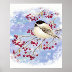 Póster Chickadee Bird Berries Frosty Window Winart