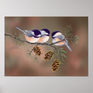 PÓSTER CHICKADEES & PINECONES DE SHARON SHARPE
