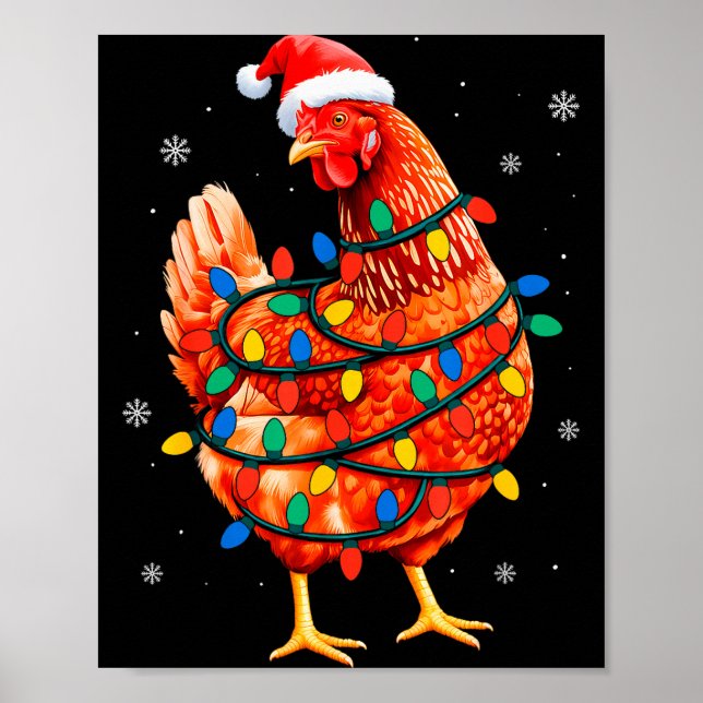 Póster Chicken Christmas Tree Lights Farm Animal Santa Xm (Frente)