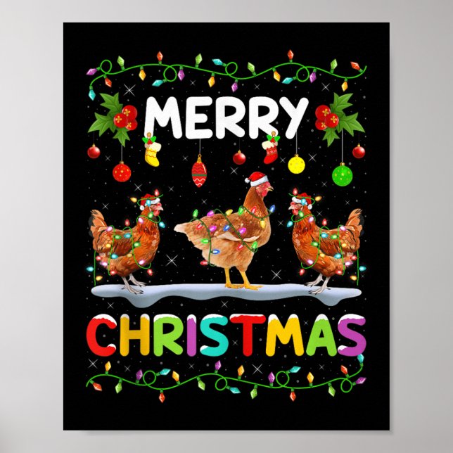 Póster Chicken Merry Christmas Lights Santa Hat Funny Chi (Frente)