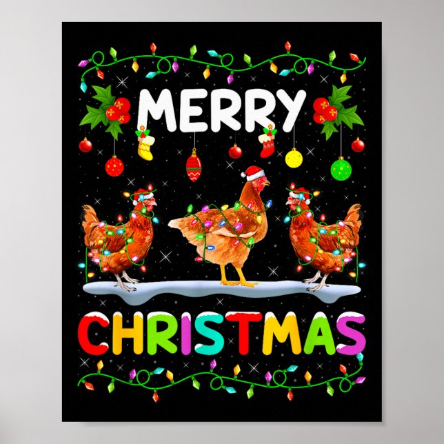 Póster Chicken Merry Christmas Lights Santa Hat Funny Chi (Frente)