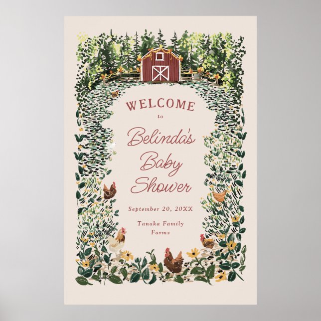 Póster Chickens Barn Charming Farm Baby Shower Welcome (Frente)