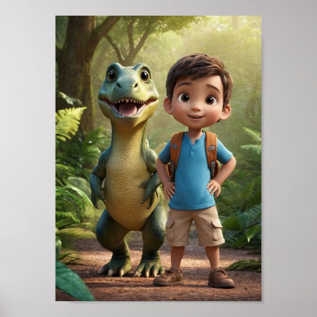 Póster Chico aventurero y dinosaurio amistoso (Frente)
