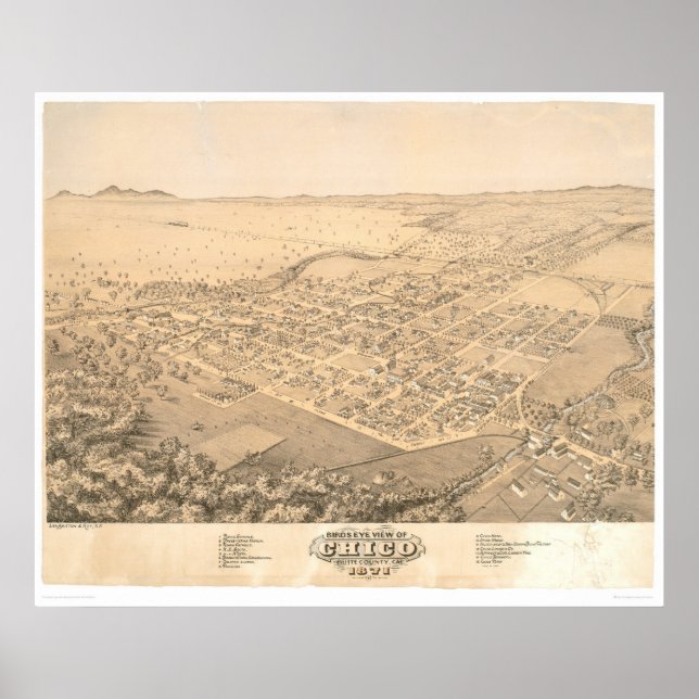 Póster Chico, CA. Mapa panorámico 1871 (0272A) (Frente)