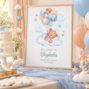 Póster Chico de peluche en la ducha de bebé del cielo