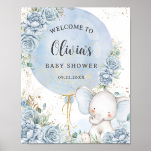 Póster Chico Elefante Floral Baby Blue Baby Shower