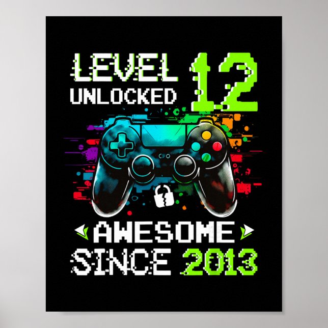 Póster Chico Nivel 12 Desbloqueado Videojuego Cumpleaños  (Frente)