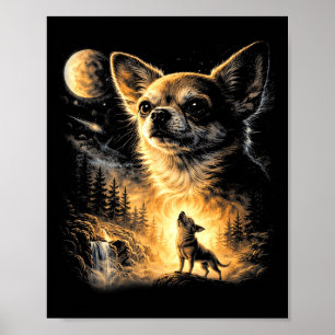 Póster Chihuahua aullando a la luna meme de perro retro d