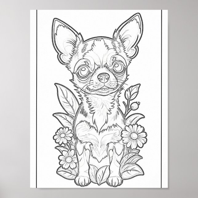 Póster Chihuahua con flores de margarita coloreando Poste (Frente)