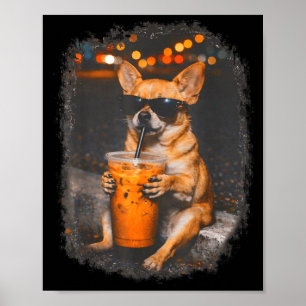 Póster Chihuahua con gafas bebiendo café helado perro