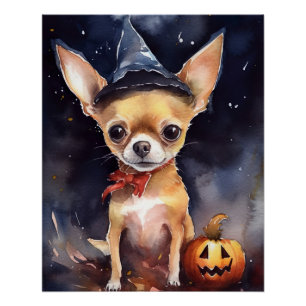 Póster Chihuahua de Halloween con calabazas espeluznante