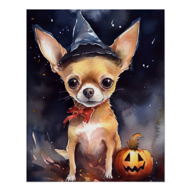 Póster Chihuahua de Halloween con calabazas temerosas (Anverso)