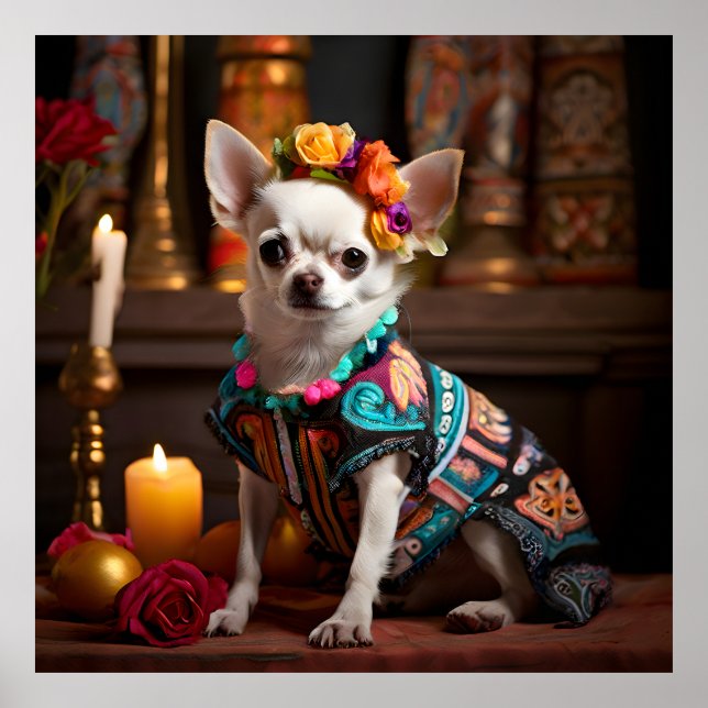 Póster Chihuahua en un altar para el Día de Muertos (Frente)