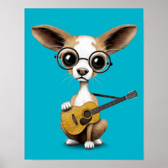 Póster Chihuahua Perro Cachorro Tocando Vieja Guitarra Ac (Frente)