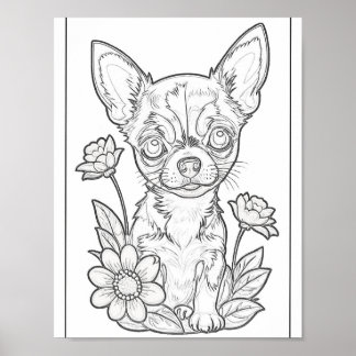 Póster Chihuahua Puppy Y Flores Coloreando Poster De Pági