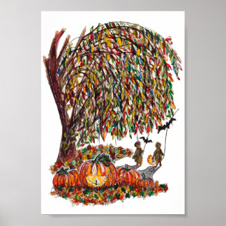 Póster Children Playing Bats Halloween Watercolor