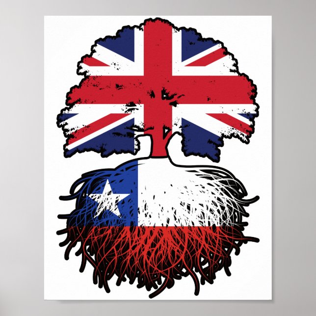 Póster Chile Bandera de raíces de árbol británico chileno (Frente)