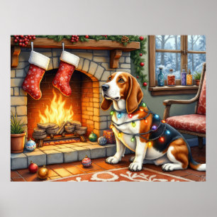 Póster Chimenea con luces de Navidad con Basset Hound
