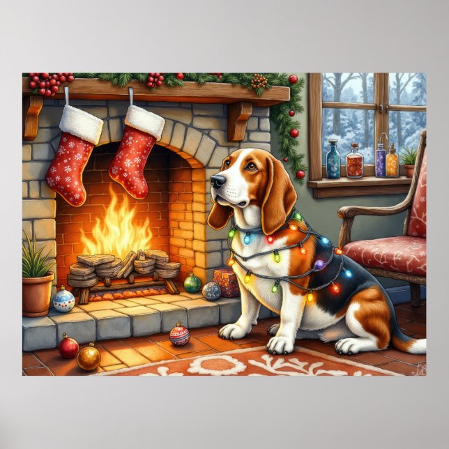 Póster Chimenea con luces de Navidad con Basset Hound (Frente)