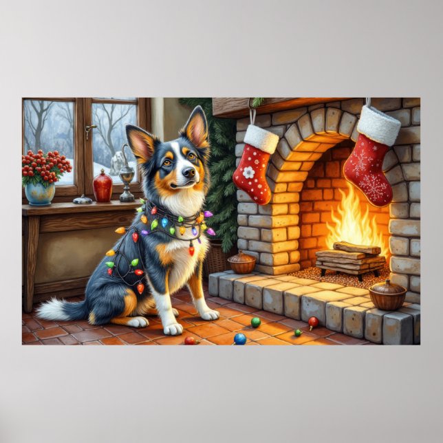 Póster Chimenea con Luces de Navidad y Blue Heeler (Frente)