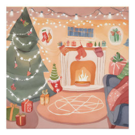 Póster Chimenea de Navidad en Acuarela