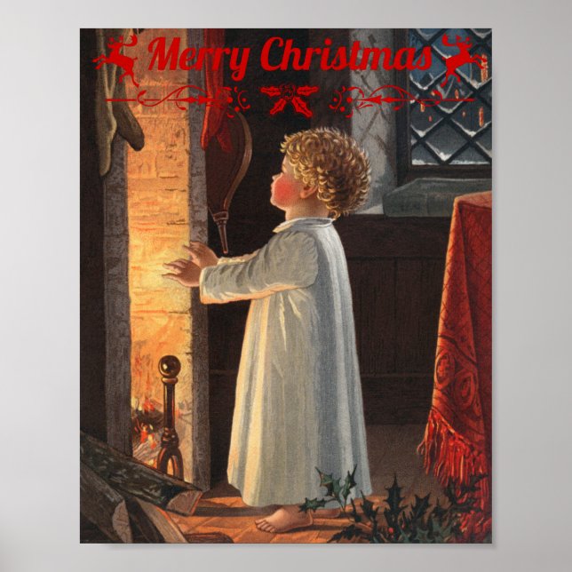 Póster Chimenea de navidades, medias y un niño (Frente)