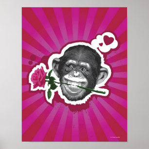 Póster Chimpancé con un color de rosa en su boca