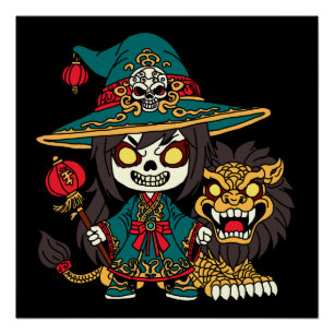 Póster China, bruja y león en Año Nuevo