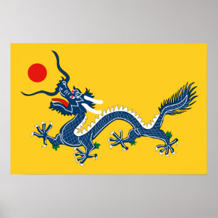 Póster China Dinastía Qing con bandera de dragón china
