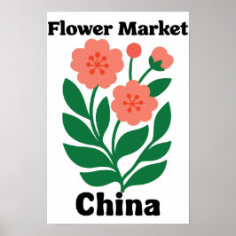 Póster China Flower Market Coral Peony and Green Leaf