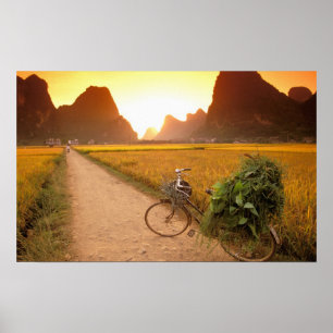Póster China, Guangxi. Yangzhou, bicicleta en el país