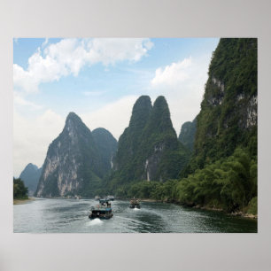 Póster China, Guilin, río Li, Barcos de río alineados