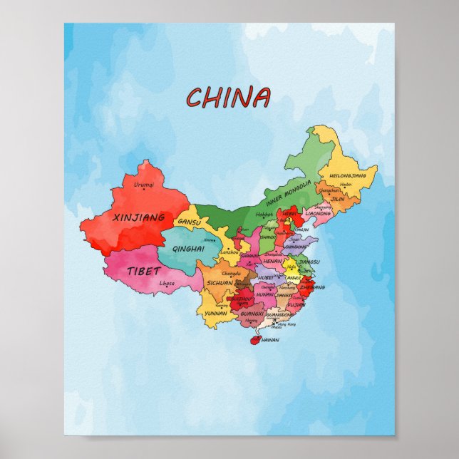 Póster China Map watercolor artwork Poster (Frente)