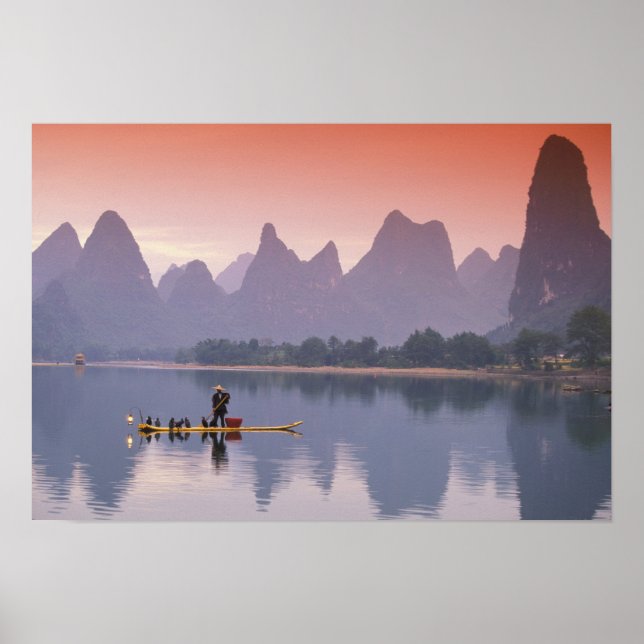 Póster China, río Li. Un solo pescador de cormoranes. (Frente)