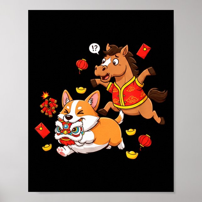 Póster Chinese Horse Corgi Funny Kids Mens Womens Happy N (Frente)