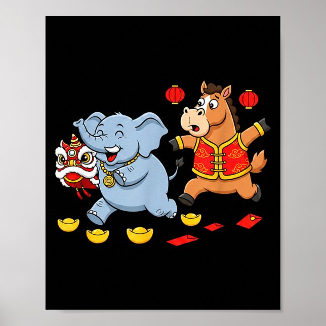Póster Chinese Horse Elephant Funny Kids Mens Womens Happ (Frente)