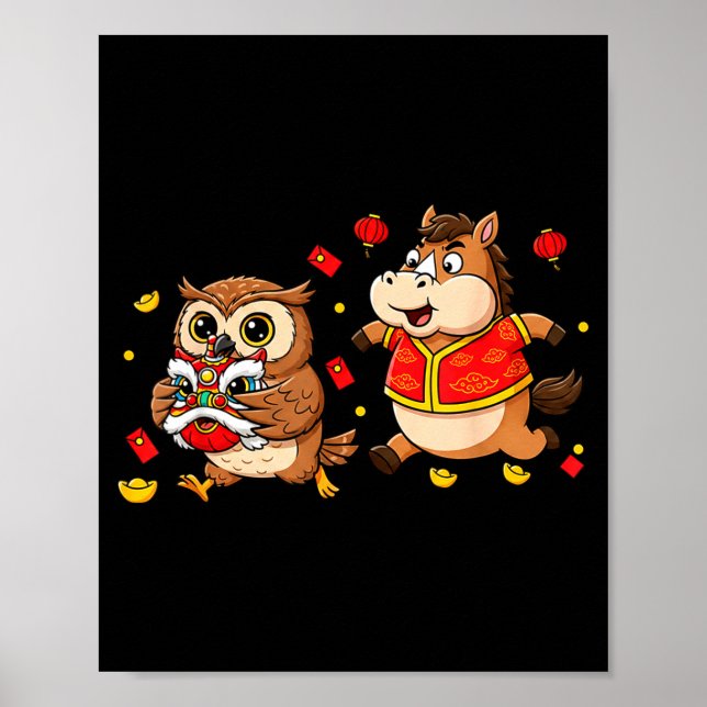 Póster Chinese Horse Owl Funny Kids Mens Womens Happy New (Frente)
