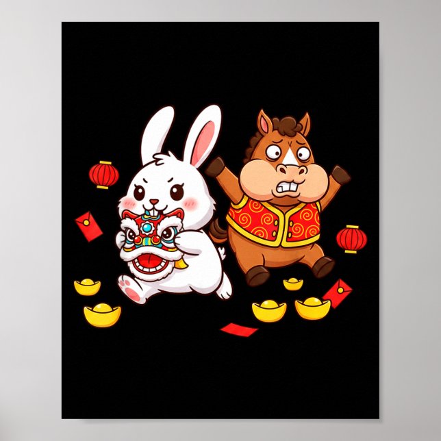 Póster Chinese Horse Rabbit Funny Kids Mens Womens Happy  (Frente)