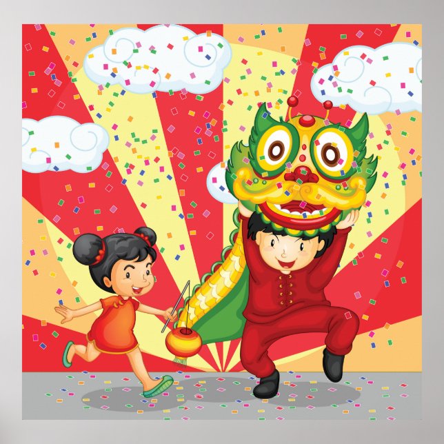 Póster Chinese New Year Kids Lion Dance and Lantern (Frente)