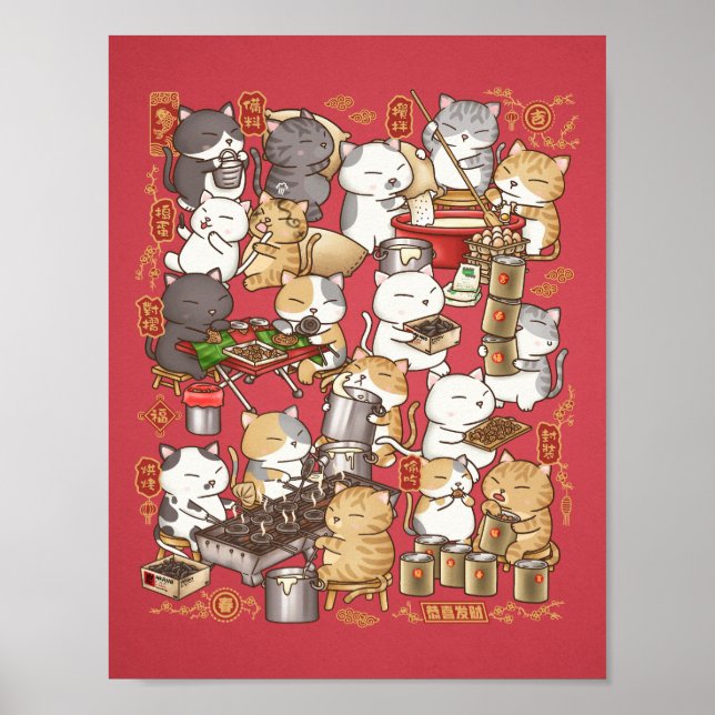 Póster Chino Año Nuevo Gato caprichoso que hace Kuih Kapi (Frente)