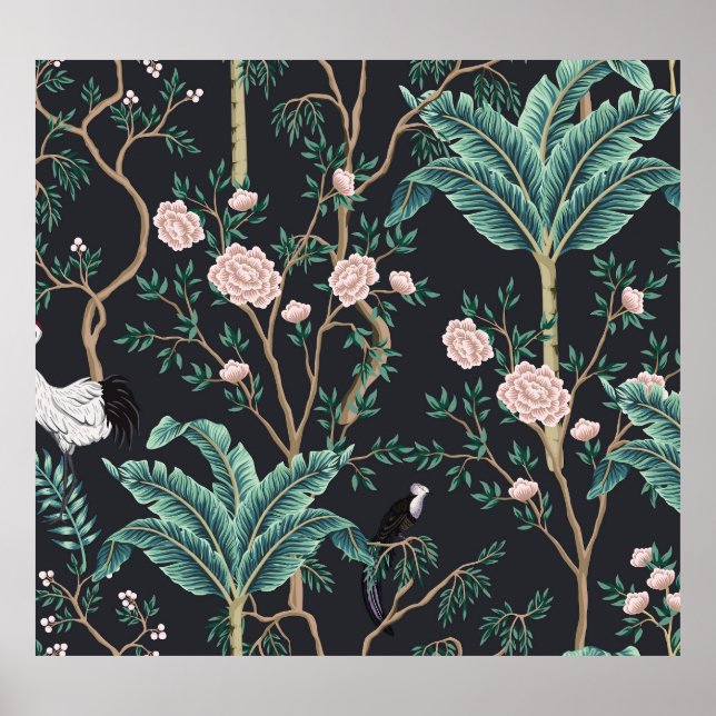 Póster Chinoiserie Aves exóticas: Pared de plátanos de ép (Frente)