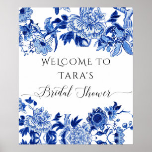 Póster Chinoiserie Azul Blanco Bienvenida Pájaro Follaje 
