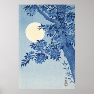 Póster Chinoiserie Azul Marino Flor de Cerezo y Luna Llen