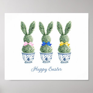 Póster Chinoiserie Azul y Blanco con Topiarias de Conejo