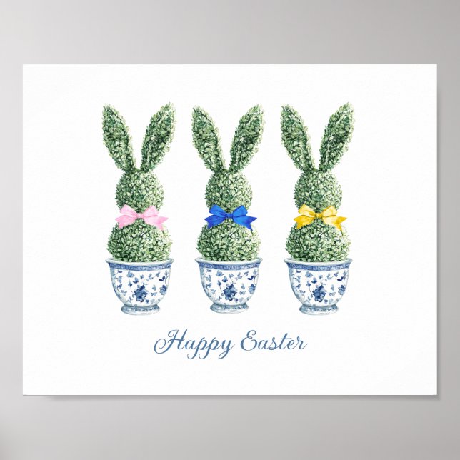 Póster Chinoiserie Azul y Blanco con Topiarias de Conejo (Frente)