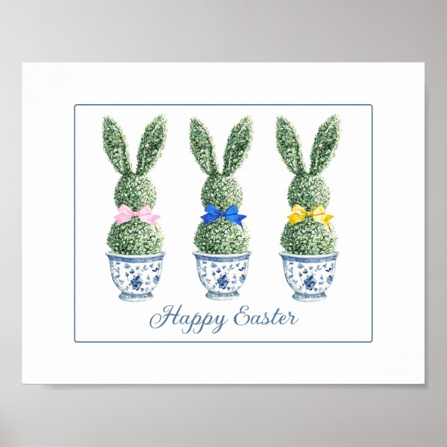 Póster Chinoiserie Azul y Blanco con Topiarios de Conejo (Frente)
