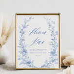 Póster Chinoiserie Blue Bridal Shower Flower Bar<br><div class="desc">Rótulo de barra de flor azul floral Hydrangea | Algo de Blue Bridal Shower Flor Bar Rótulo | Chinoiserie Blue Bridal Shower Flower Flower Bar</div>