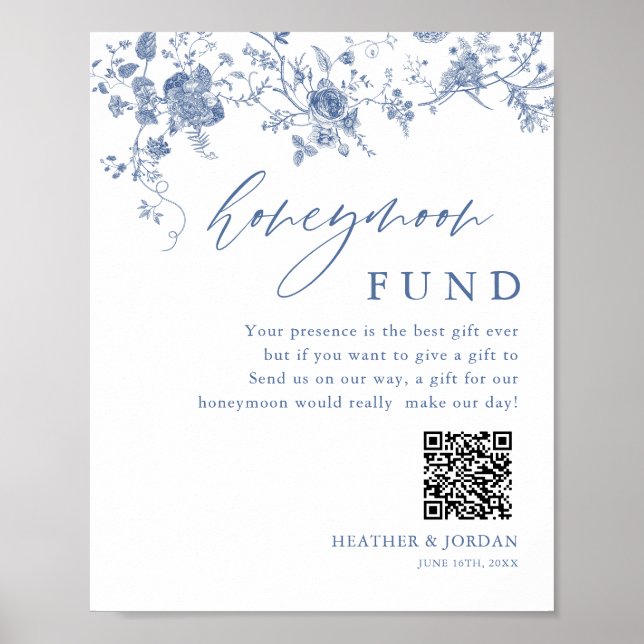 Póster Chinoiserie Blue Floral Boda Honeymoon Fondo (Frente)